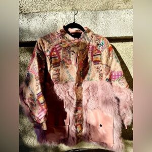Boho Chic Patchwork Teddy Jacket with Fur Trim